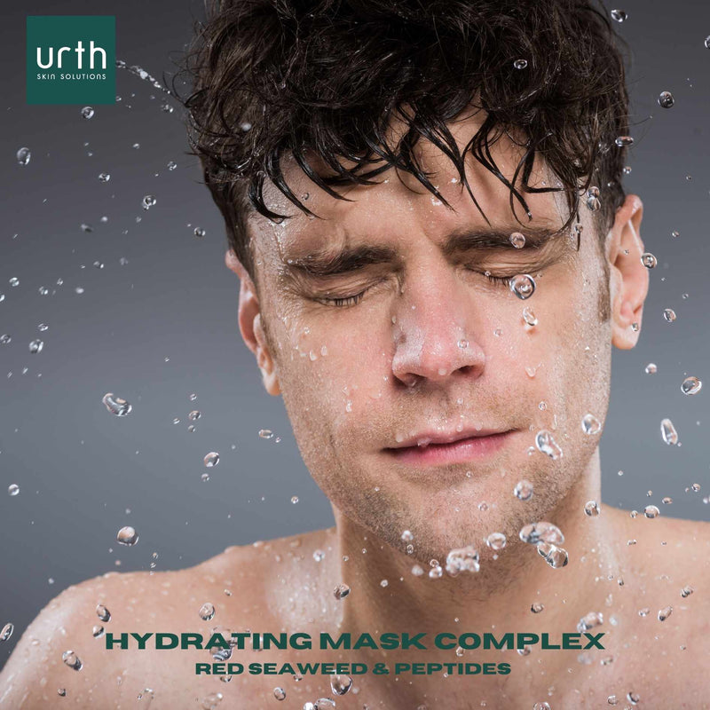 man with urth's hydrating mask and water splash droplets
