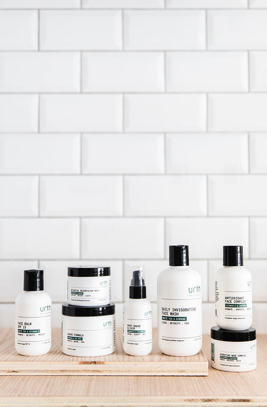 Group picture of all urth skin solution's products with a white subway tile background 